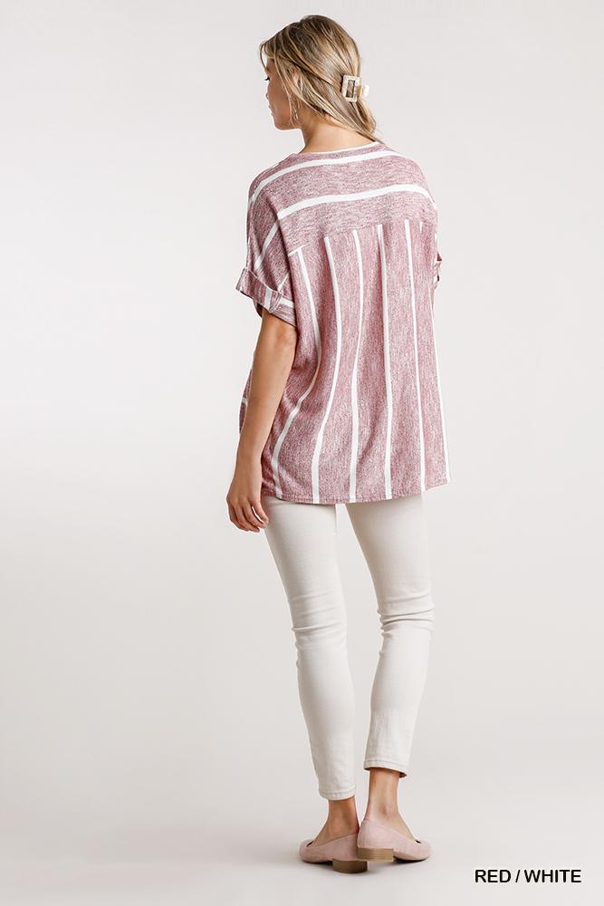 Horizontal And Vertical Striped Short Folded Sleeve Top With High Low Hem – alternate view