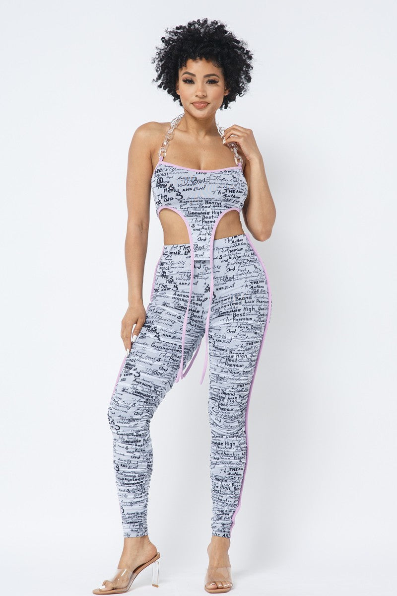 Mesh Print Crop Top With Plastic Chain Halter Neck With Matching Leggings – alternate view