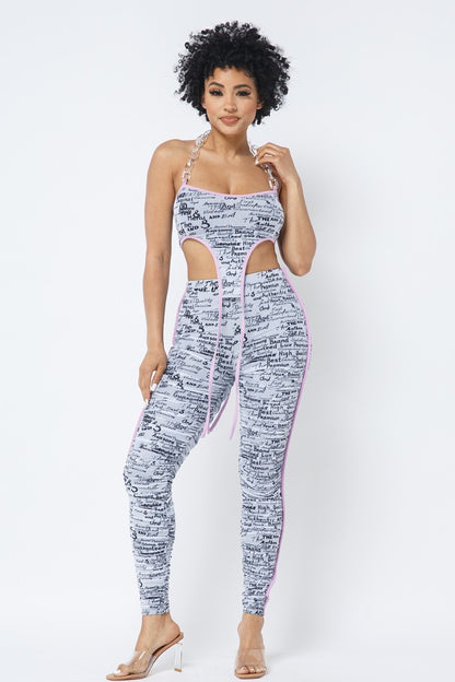 Mesh Print Crop Top With Plastic Chain Halter Neck With Matching Leggings – alternate view