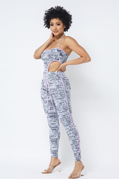 Mesh Print Crop Top With Plastic Chain Halter Neck With Matching Leggings – alternate view