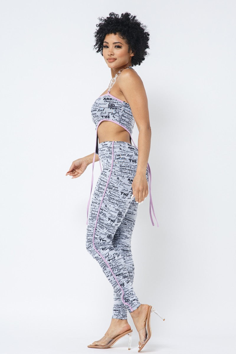 Mesh Print Crop Top With Plastic Chain Halter Neck With Matching Leggings – alternate view