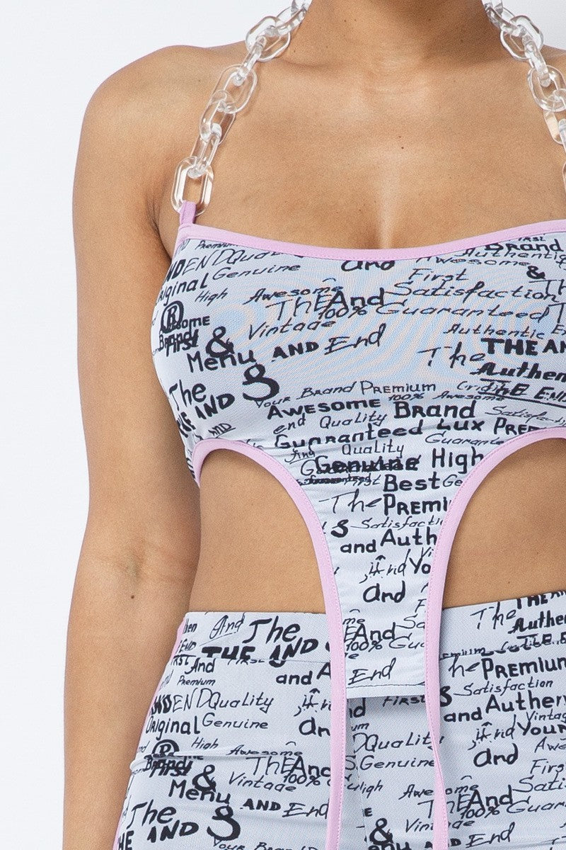 Mesh Print Crop Top With Plastic Chain Halter Neck With Matching Leggings – alternate view