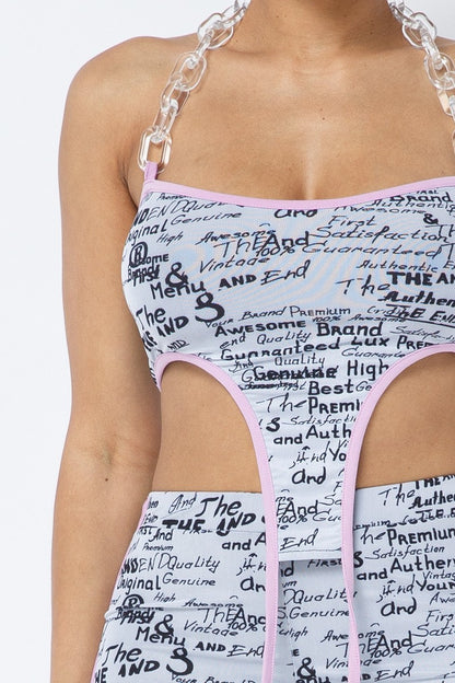 Mesh Print Crop Top With Plastic Chain Halter Neck With Matching Leggings – alternate view