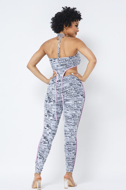 Mesh Print Crop Top With Plastic Chain Halter Neck With Matching Leggings – alternate view