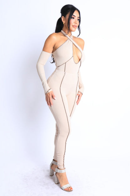 Overlock Detailed Cross Halter Keyhole Neck Off Shoulder Set – alternate view