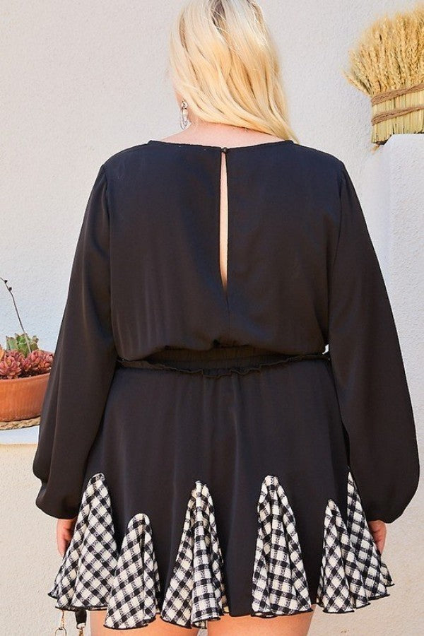 Round Neck 3/4 Bubble Sleeve Gingham Ruffle Romper – alternate view