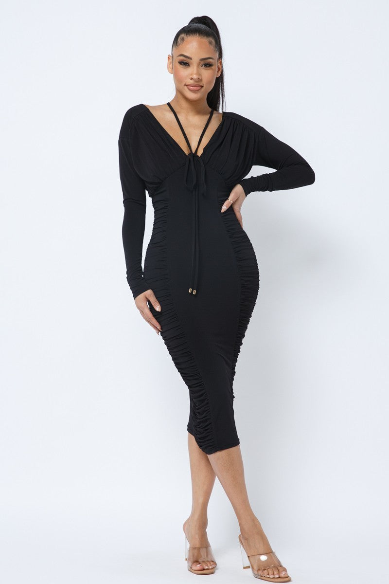 Long Sleeve Midi Dress With Low V Neck Front And Back With Ruching On Sides And Chest – alternate view