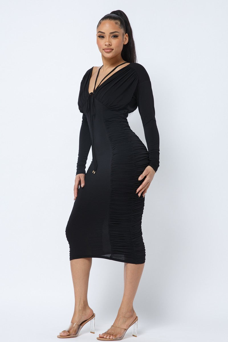 Long Sleeve Midi Dress With Low V Neck Front And Back With Ruching On Sides And Chest – alternate view