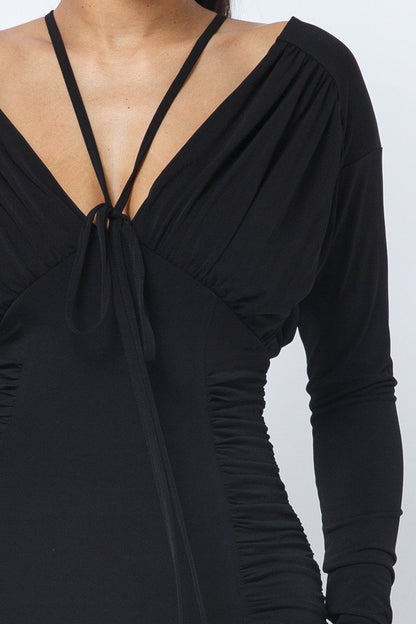 Long Sleeve Midi Dress With Low V Neck Front And Back With Ruching On Sides And Chest – alternate view