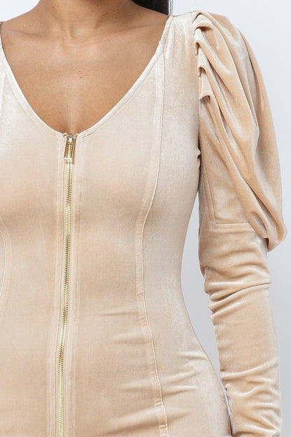 Soft Velvet Pleated Puff Sleeve Low V Neck Front And Back Mini Dress – alternate view