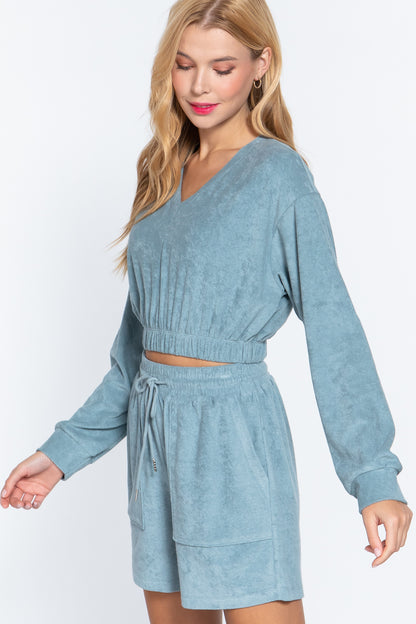 Elasticized Hem Terry Towelling Top – alternate view