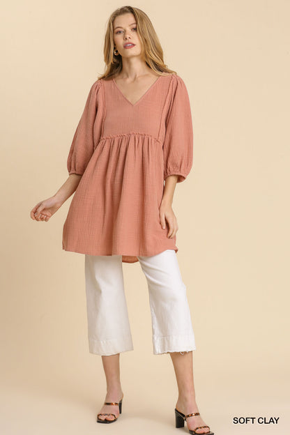 Gauze Slub V-Neck Frayed Edge Detail Tunic Dress – alternate view