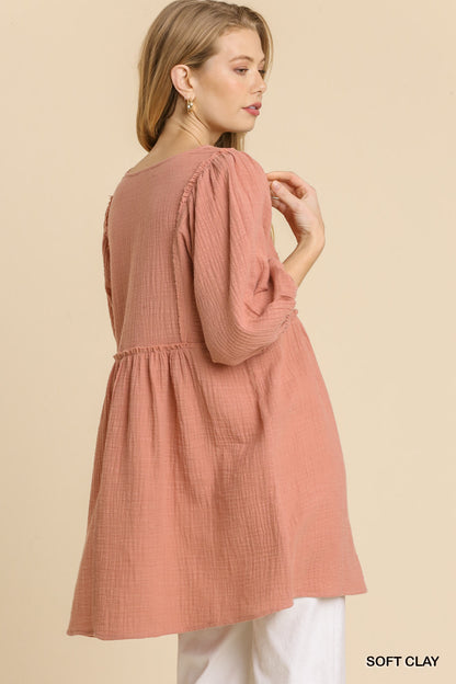 Gauze Slub V-Neck Frayed Edge Detail Tunic Dress – alternate view
