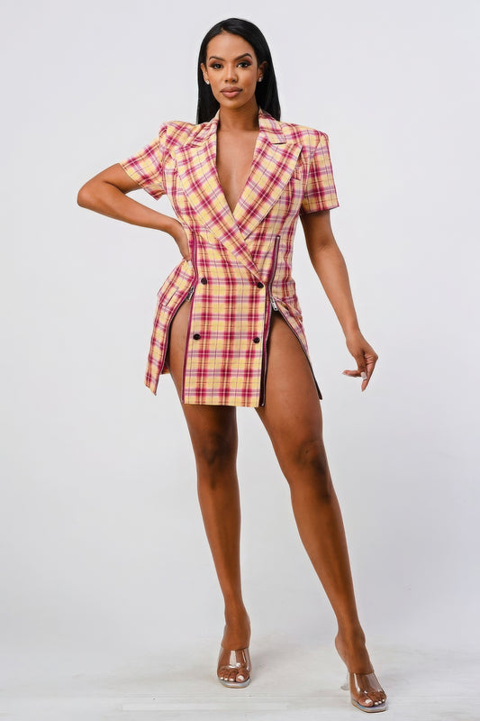 Wide Collared Double Breasted Plaid Blazer Mini Dress – alternate view