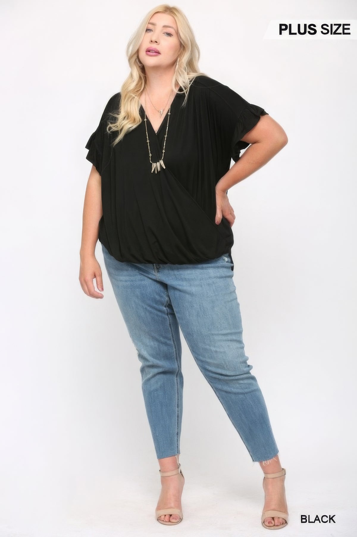 Solid Viscose Knit Surplice Top With Ruffle Sleeve – alternate view