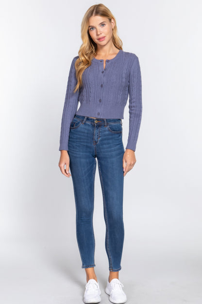Crew Neck Cable Sweater Cardigan – alternate view