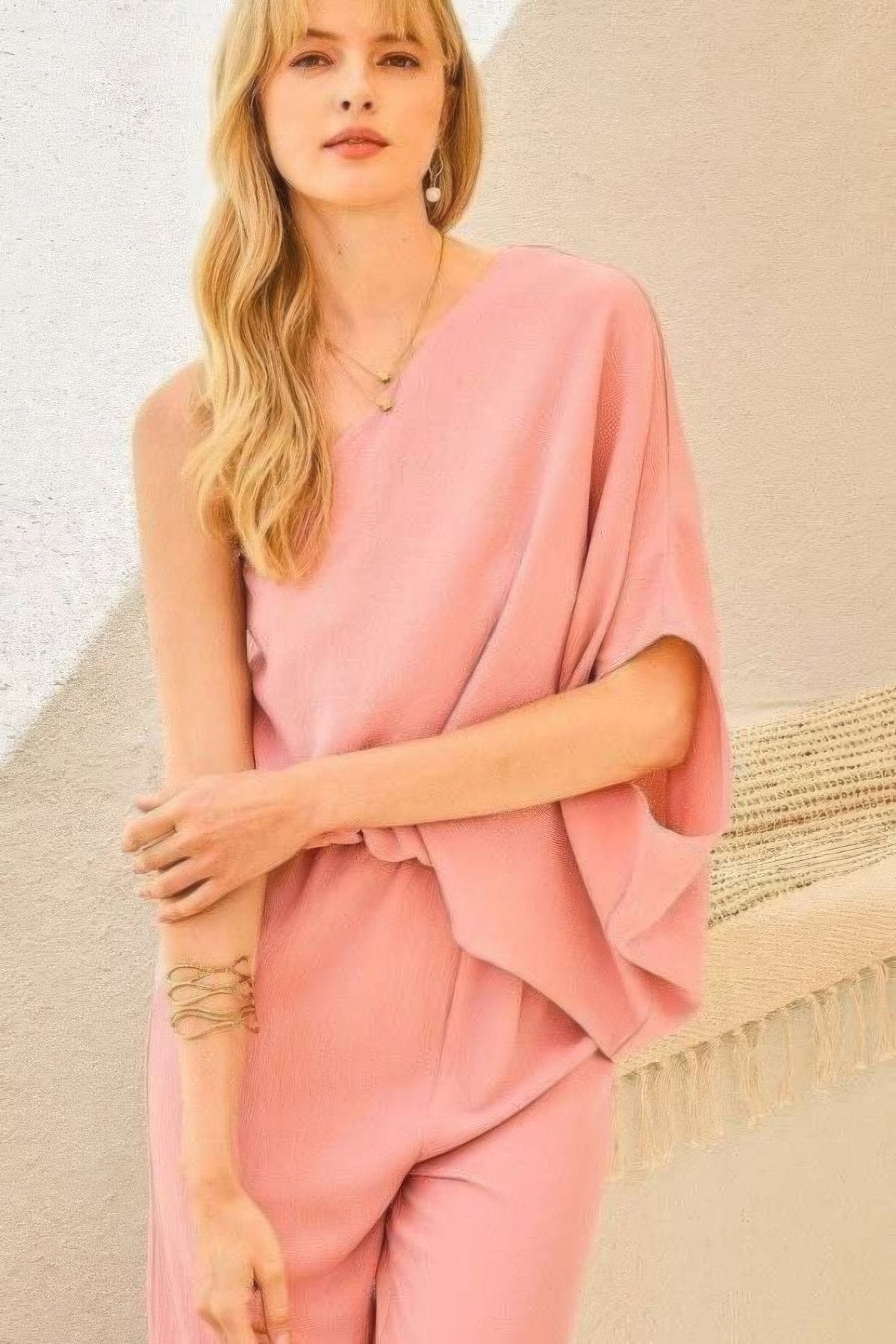 One Shoulder 3/4 Sleeve Unbalanced Waist Elastic Solid Pants Jumpsuit – alternate view