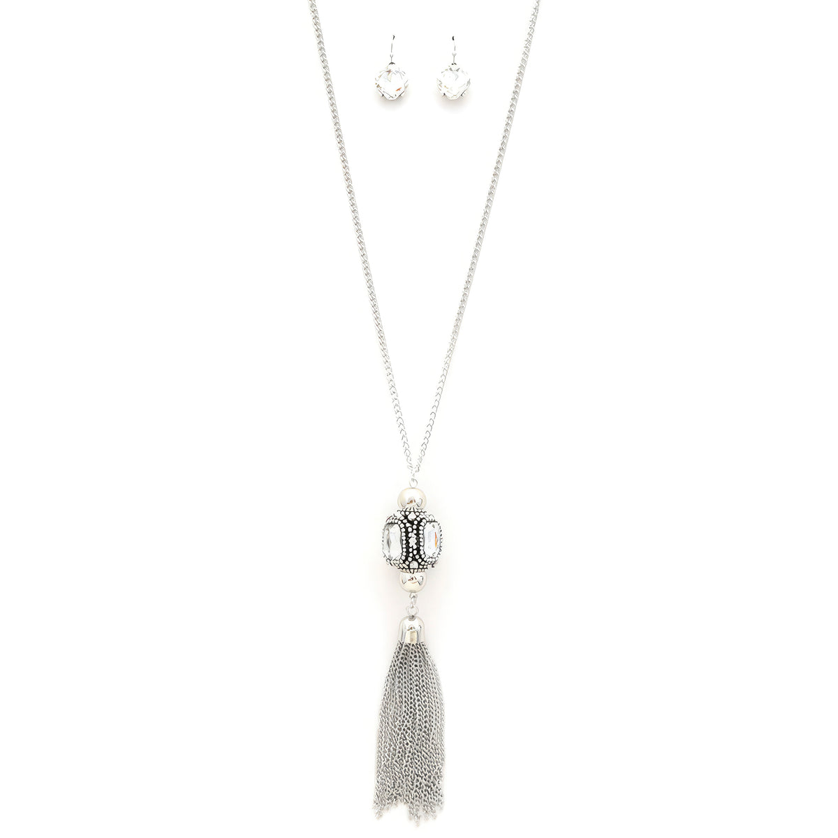 Cube Rhinestone Chain Tassel Necklace – Silver