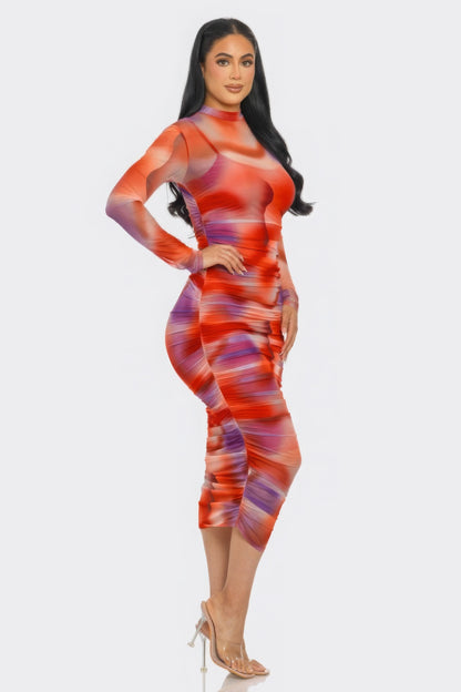 Summer Heat Print Mesh Ruched Midi Dress – alternate view