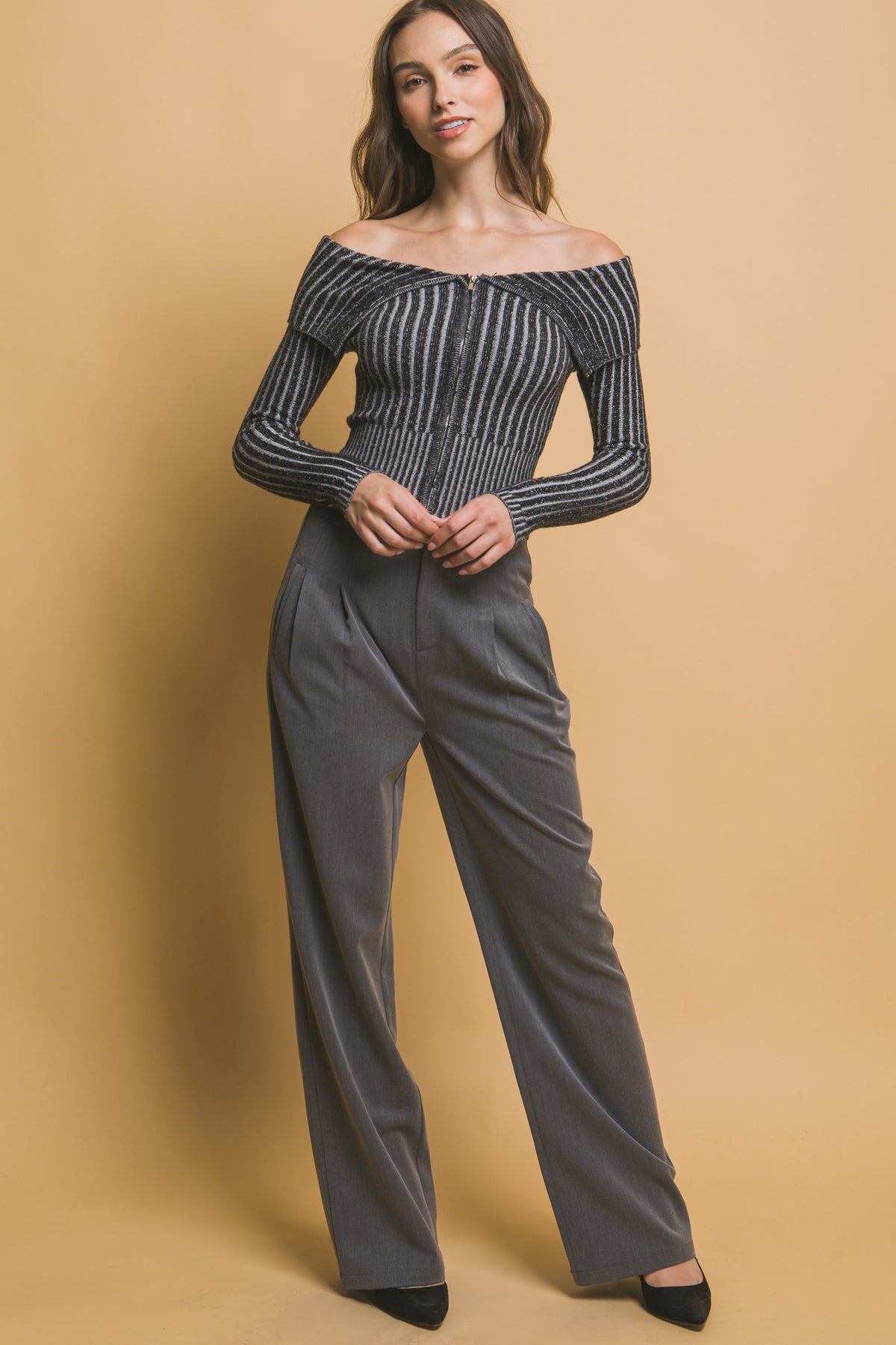 Ribbed Bardot Zip Up Long Sleeve – alternate view