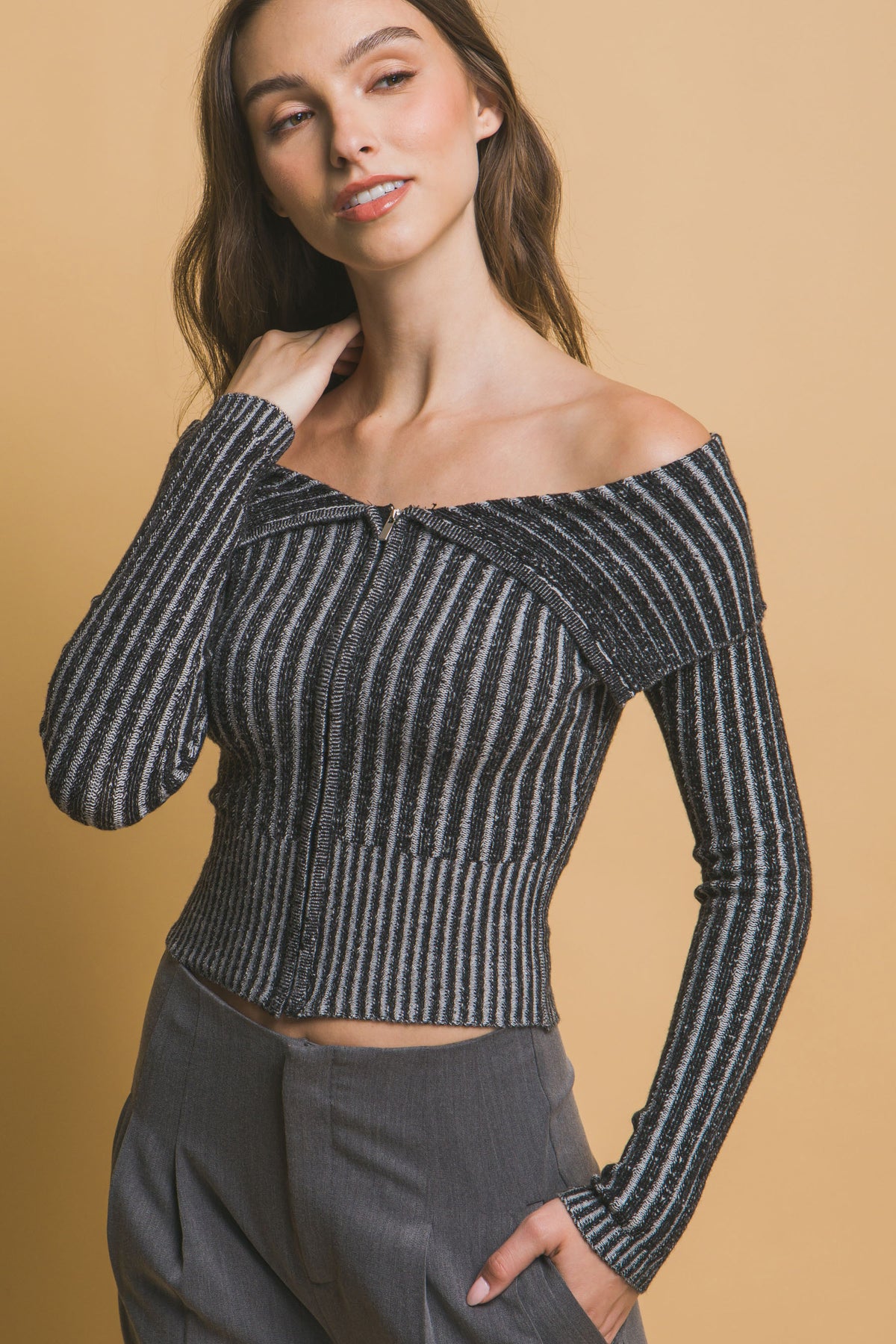 Ribbed Bardot Zip Up Long Sleeve – alternate view