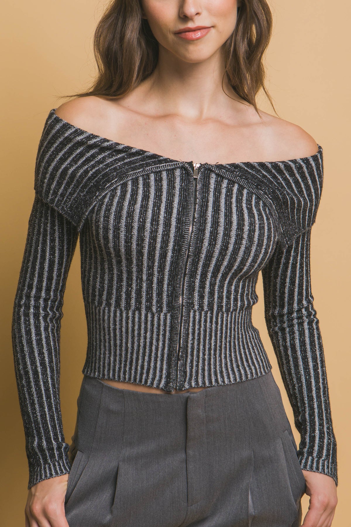 Ribbed Bardot Zip Up Long Sleeve – alternate view