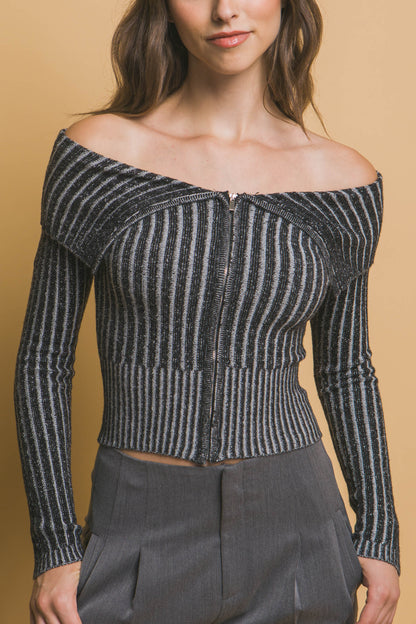 Ribbed Bardot Zip Up Long Sleeve – alternate view