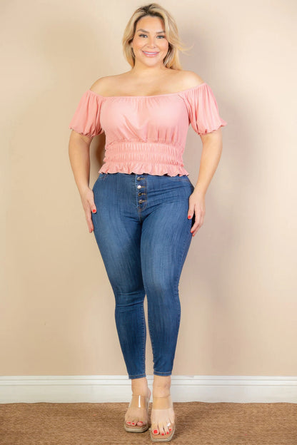 Plus Size Casual Ruched Puff Sleeve Ribbed Knit Solid Top – alternate view