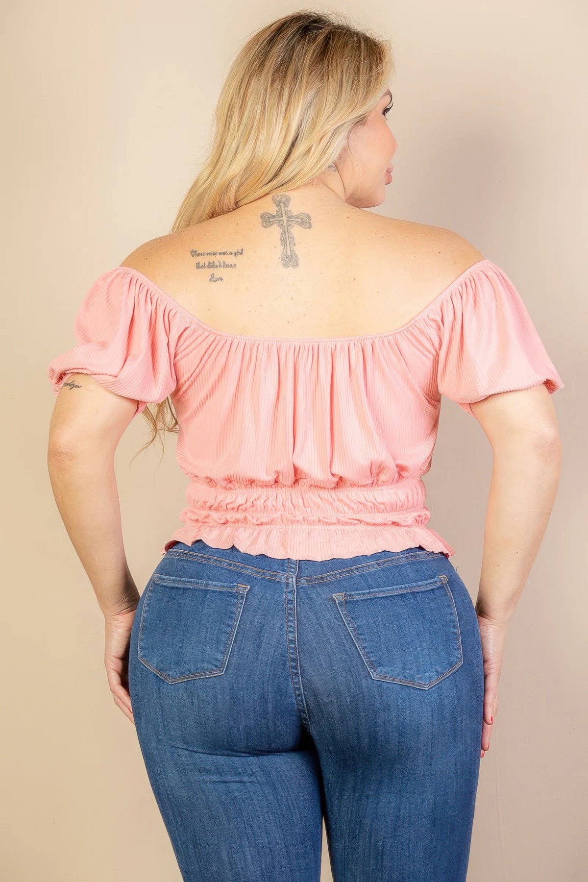 Plus Size Casual Ruched Puff Sleeve Ribbed Knit Solid Top – alternate view