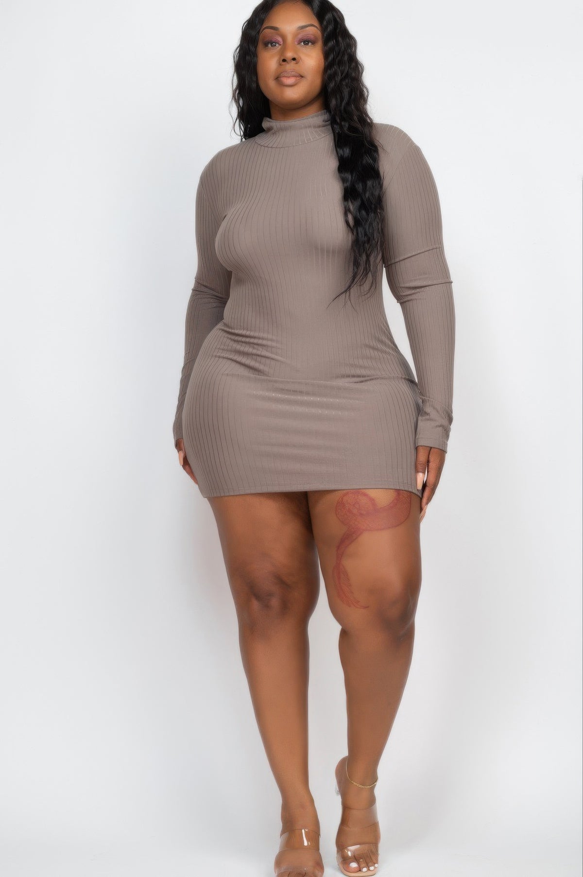 Plus Size Ribbed Long Sleeve Mock Neck Mini Bodycon Dress – alternate view