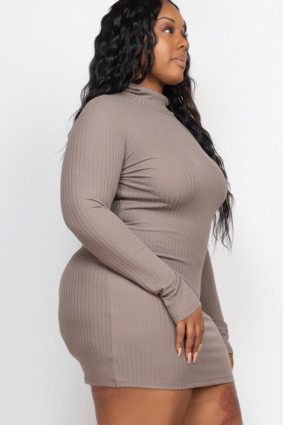 Plus Size Ribbed Long Sleeve Mock Neck Mini Bodycon Dress – alternate view
