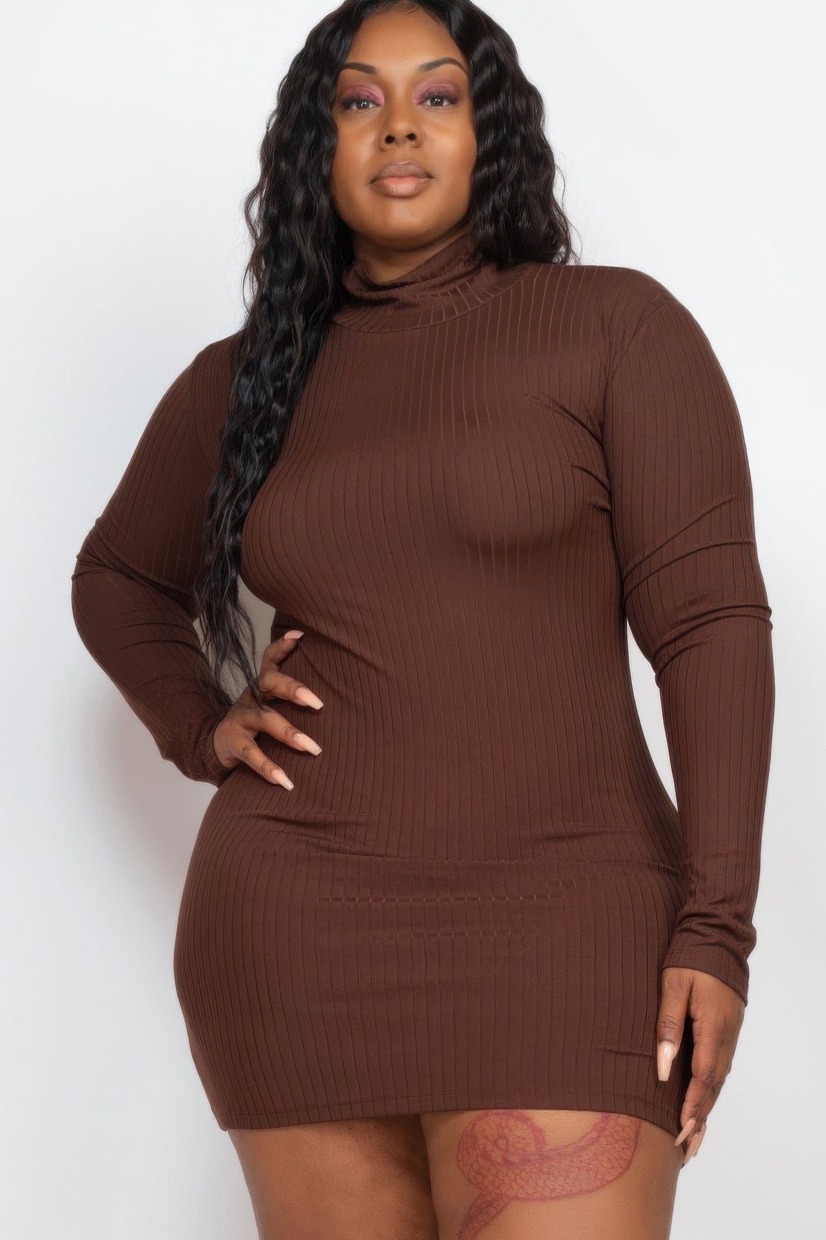 Plus Size Ribbed Long Sleeve Mock Neck Mini Bodycon Dress – alternate view