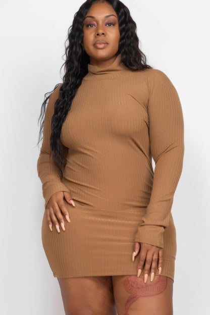 Plus Size Ribbed Long Sleeve Mock Neck Mini Bodycon Dress – alternate view