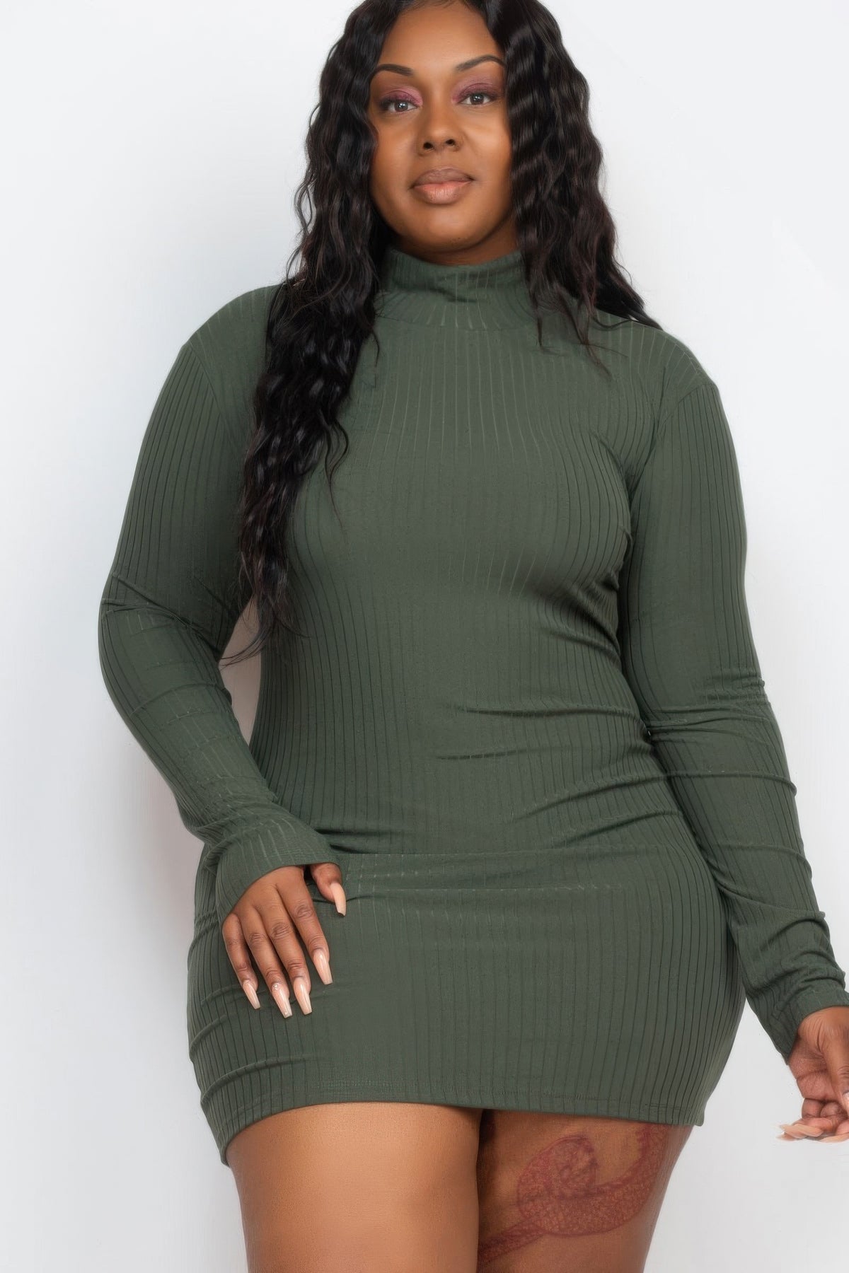 Plus Size Ribbed Long Sleeve Mock Neck Mini Bodycon Dress – alternate view