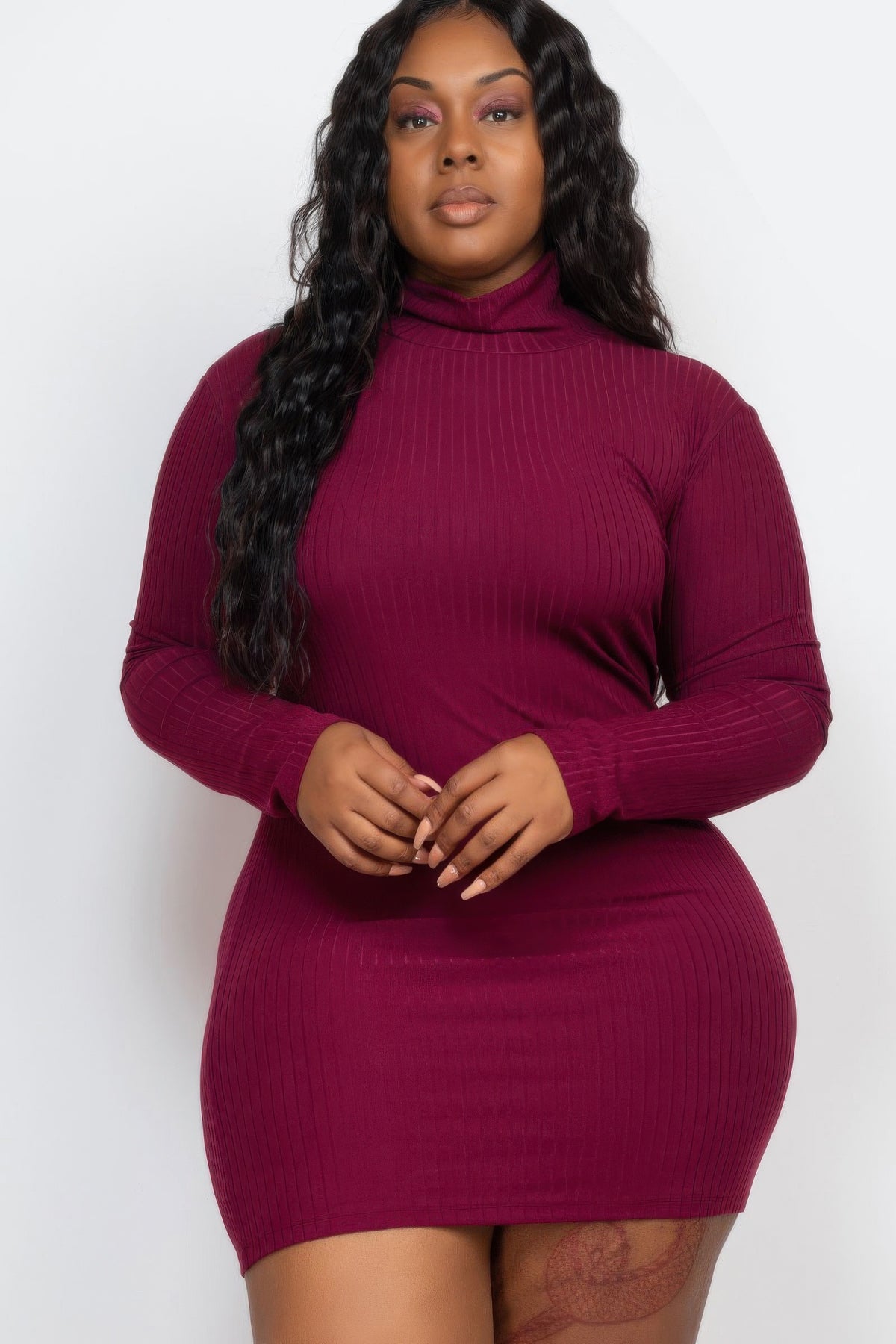 Plus Size Ribbed Long Sleeve Mock Neck Mini Bodycon Dress – alternate view