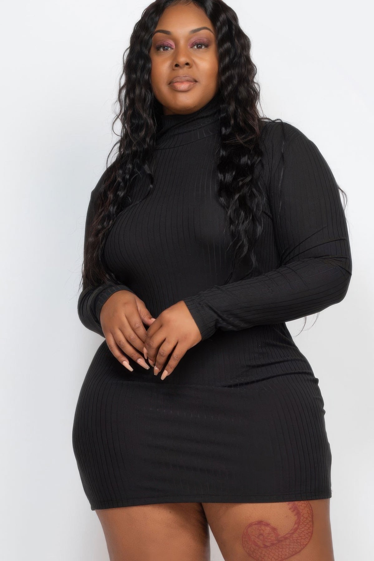 Plus Size Ribbed Long Sleeve Mock Neck Mini Bodycon Dress – alternate view