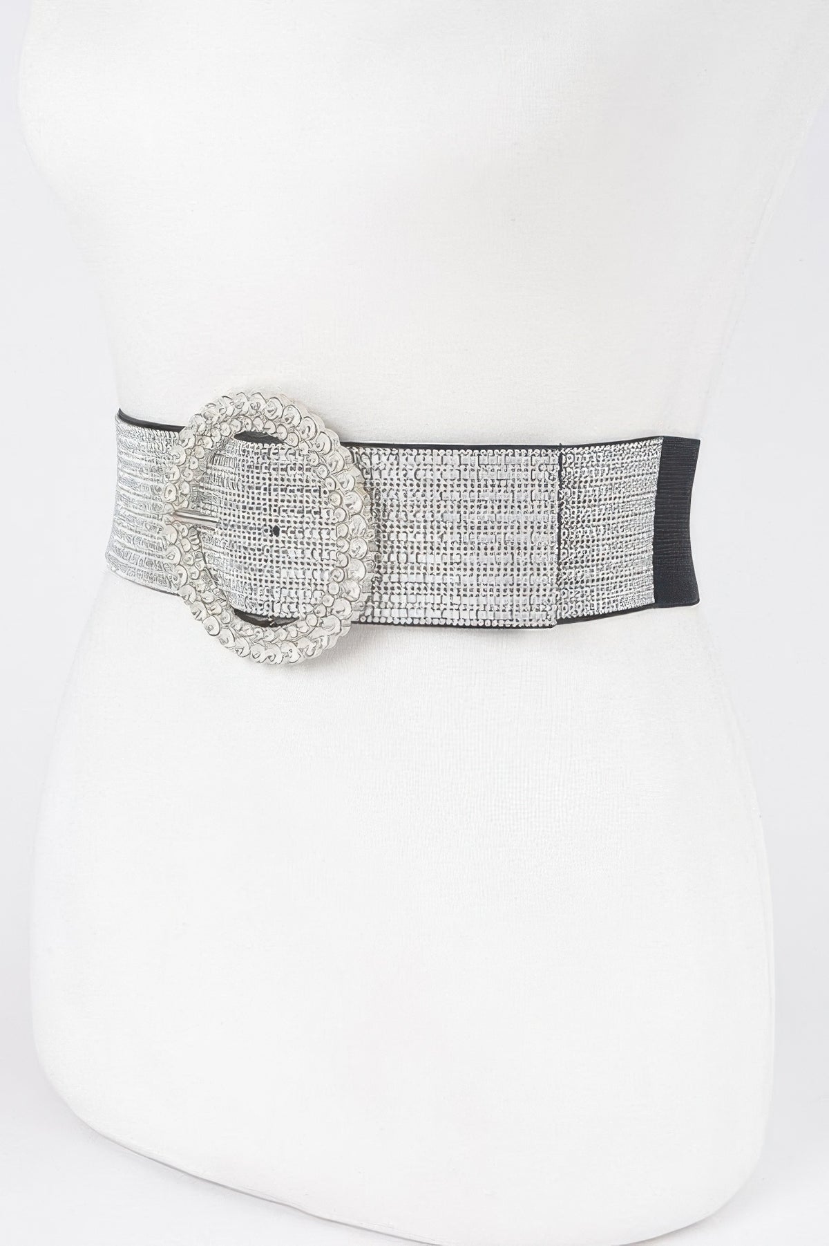 Rhinestone Buckle Plus Size Elastic Belt – Black Clear – alternate view