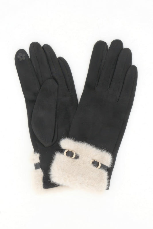 Faux Suede Touchscreen Gloves With Faux Fur Cuff & Buckle