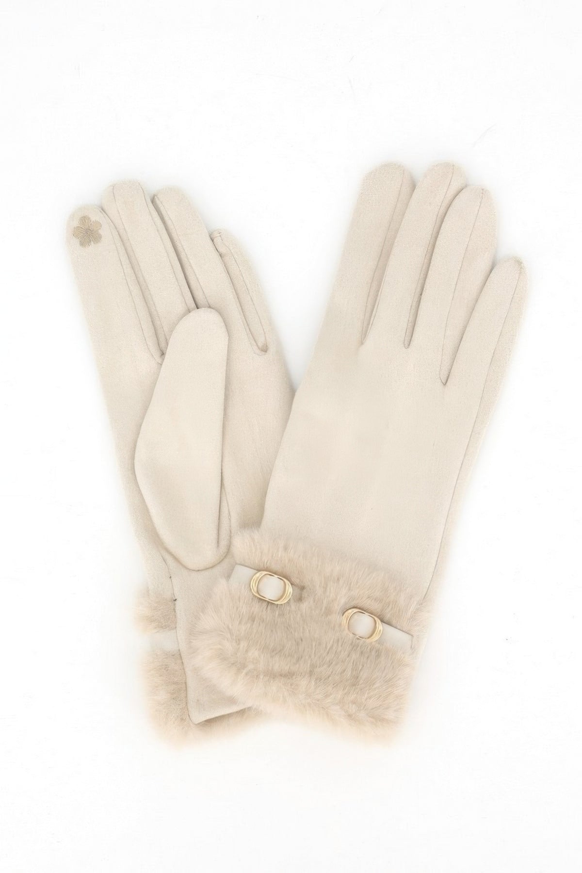 Faux Suede Touchscreen Gloves With Faux Fur Cuff & Buckle