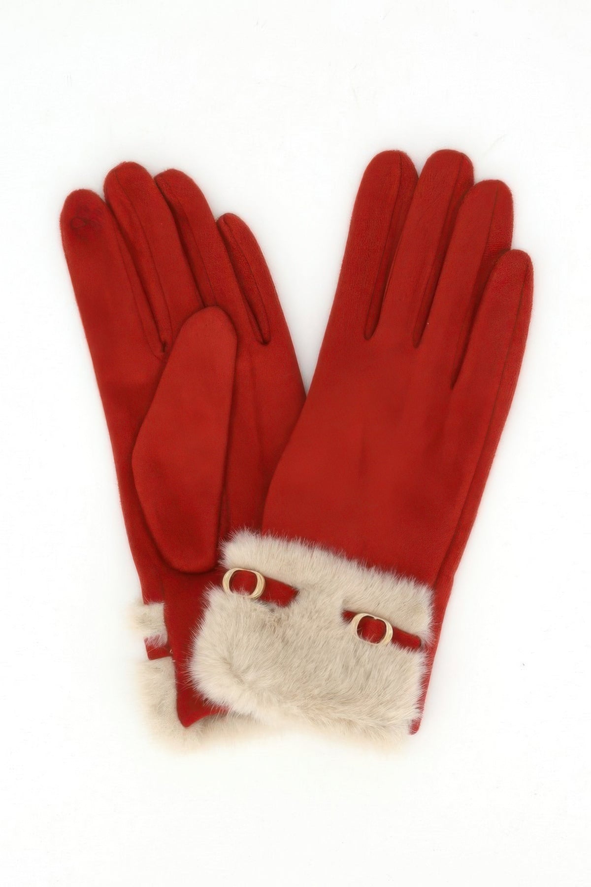 Faux Suede Touchscreen Gloves With Faux Fur Cuff & Buckle