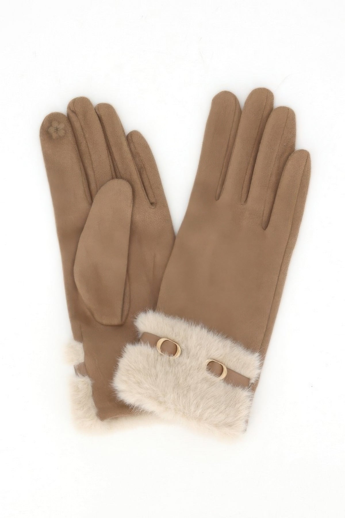 Faux Suede Touchscreen Gloves With Faux Fur Cuff & Buckle
