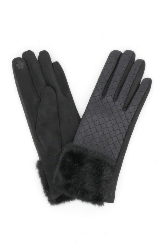 Quilted Faux Leather & Faux Suede Touchscreen Fur Gloves
