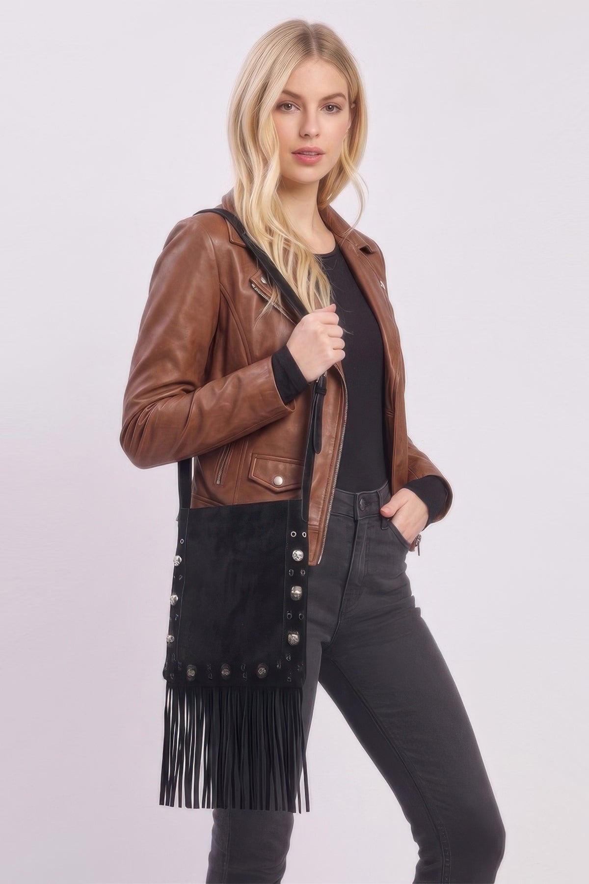 Vintage Brown Faux Suede Fringe Crossbody Bag