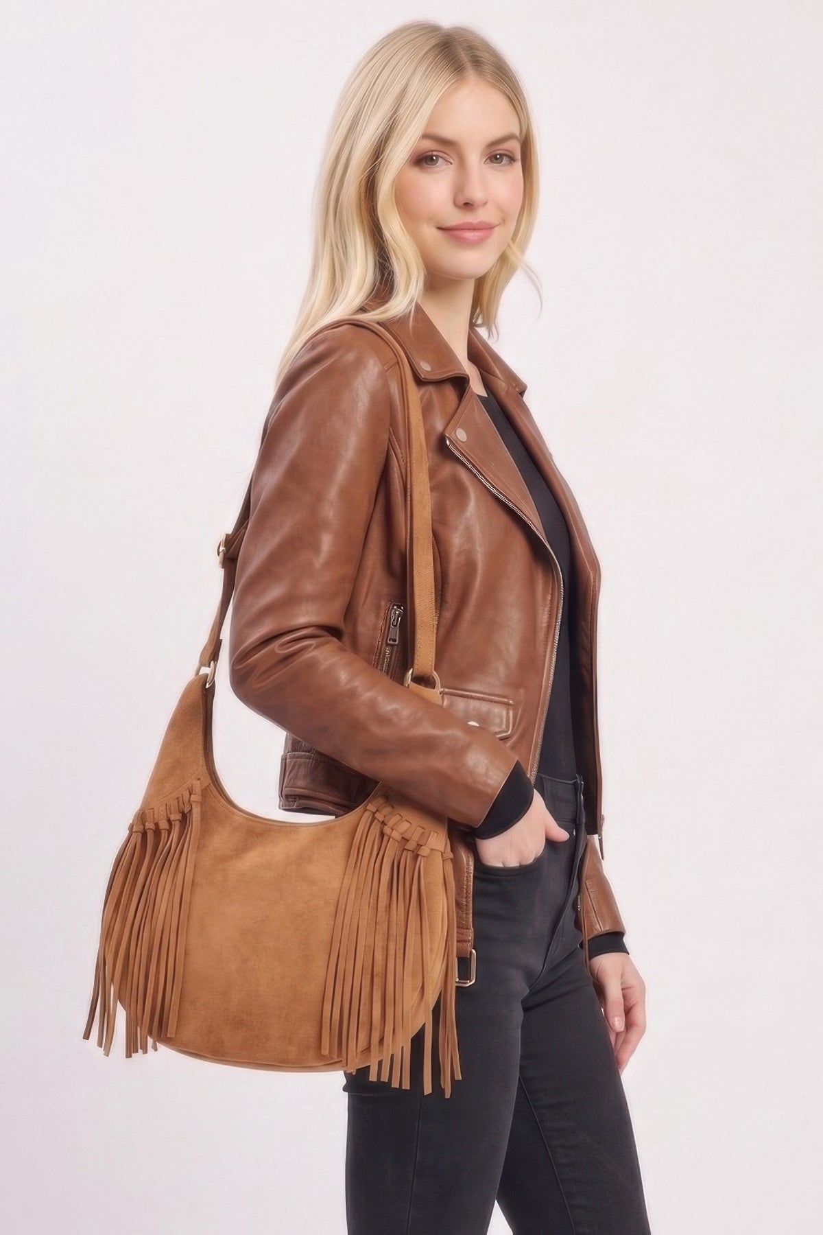 Western Faux Suede Fringe Hobo Bag With Adjustable Strap