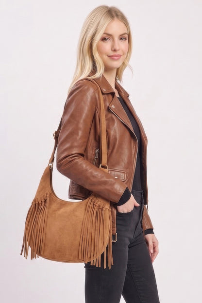 Western Faux Suede Fringe Hobo Bag With Adjustable Strap
