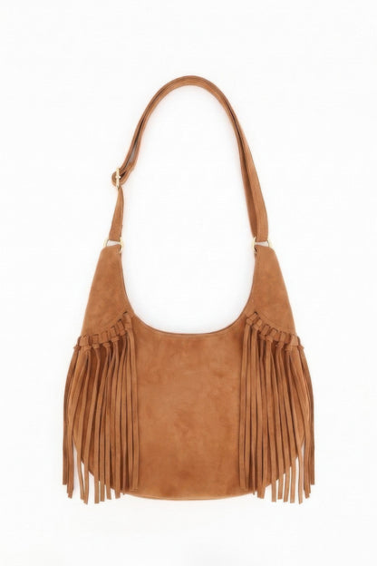 Western Faux Suede Fringe Hobo Bag With Adjustable Strap