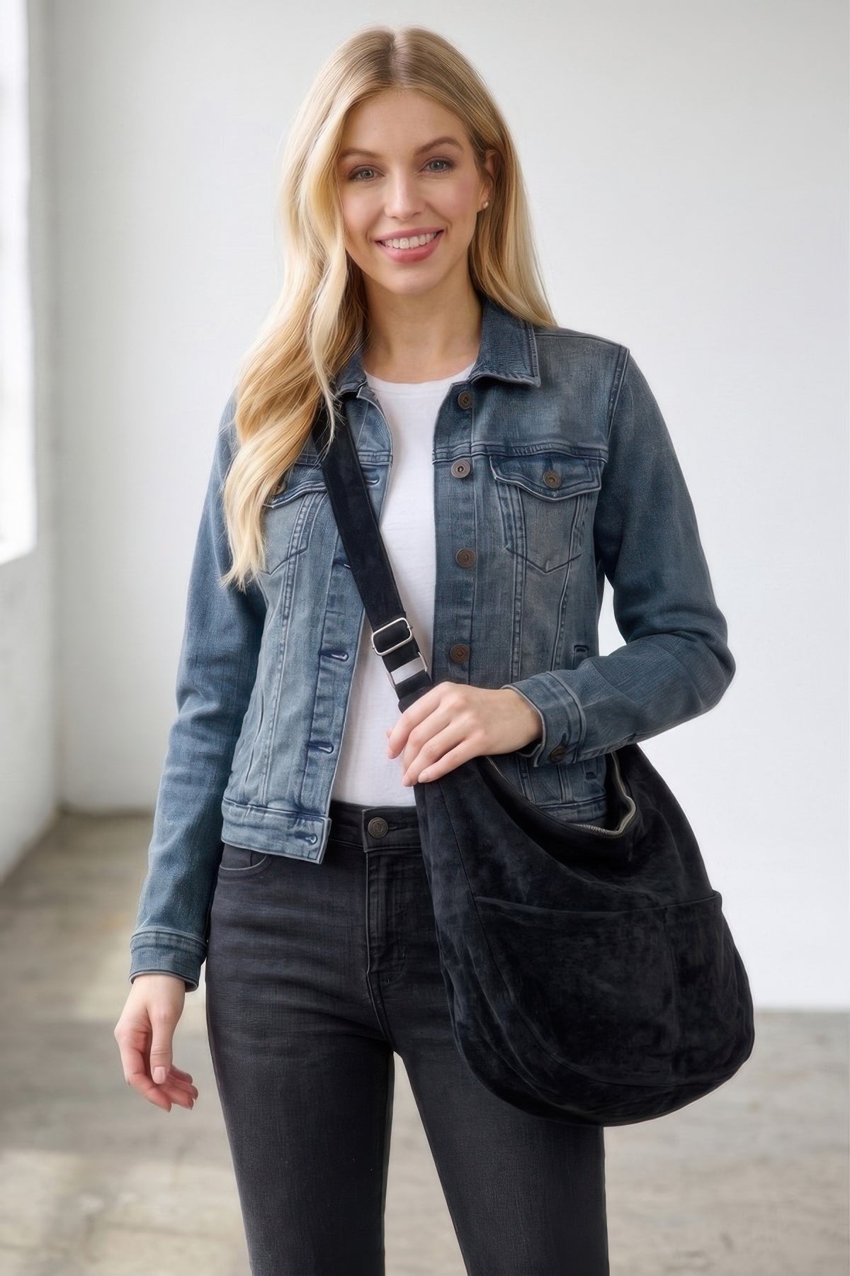 Faux Suede Hobo Bag With Dual Exterior Slip Pockets
