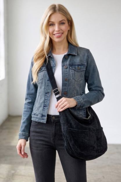 Faux Suede Hobo Bag With Dual Exterior Slip Pockets