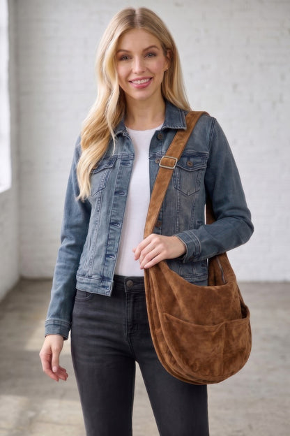 Faux Suede Hobo Bag With Dual Exterior Slip Pockets