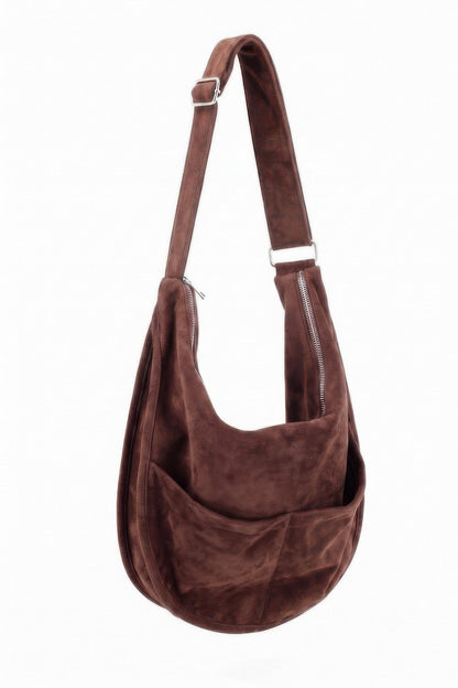 Faux Suede Hobo Bag With Dual Exterior Slip Pockets
